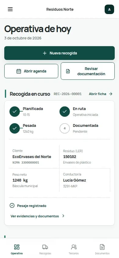 Vista móvil de una recogida en curso en residuos.app